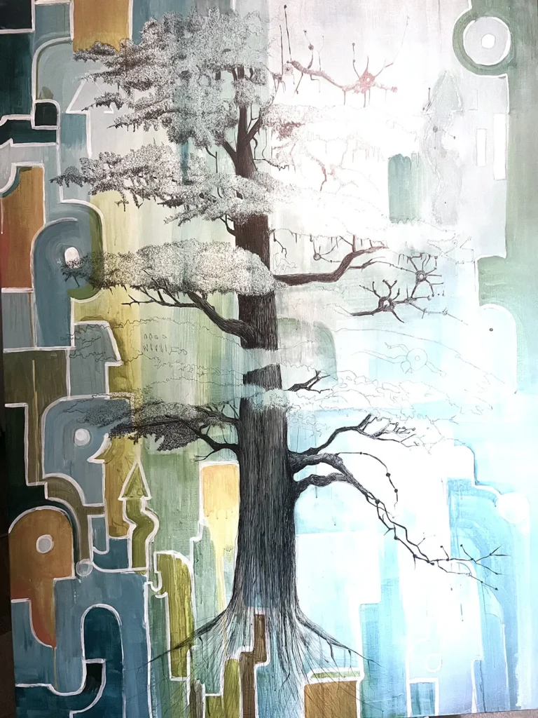 Peinture d'Olivier Picy : un grand arbre parmi des formes abstraites bleues, vertes et ocre